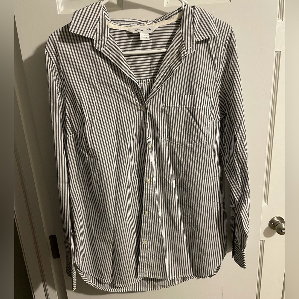 Old Navy The Tunic Shirt - Striped Dark Gray and White Long Sleeve Shirt - Sz M
